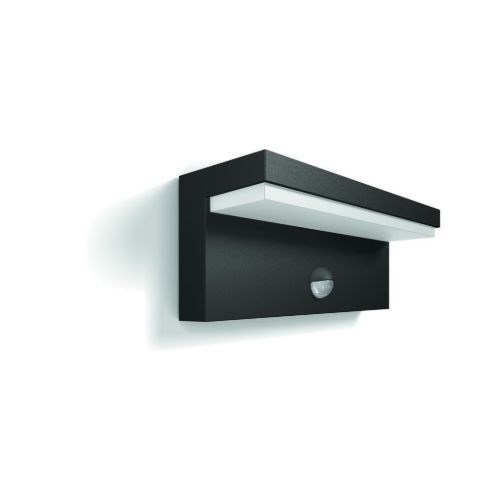 PHILIPS Bustian IR-LED-Wandleuchte mit Bewegungssensor L: 22 cm – Anthrazitgrau/Aluminium/Warmweiß