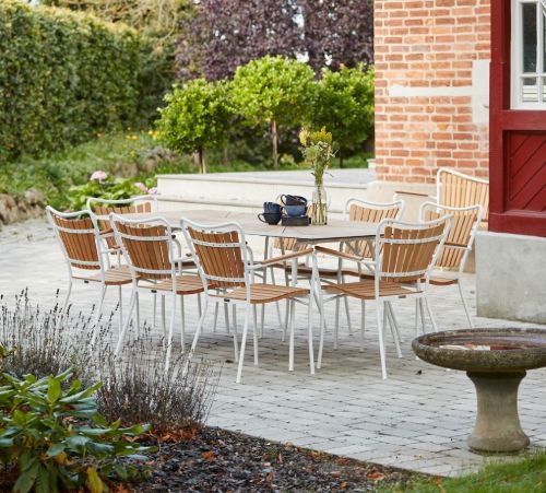 Mandalay Marguerit Gartentisch L: 200 cm Inkl. 6 Gartenstühle Gartenmöbel-Set – Weiß/Teak