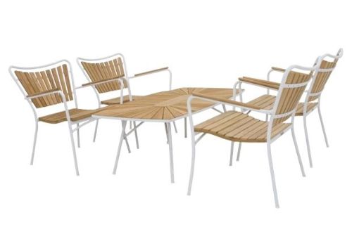 Mandalay Marguerit Loungebord L: 130 cm Inkl. 4 Loungestole Havemøbelsæt - Hvid/Teak 