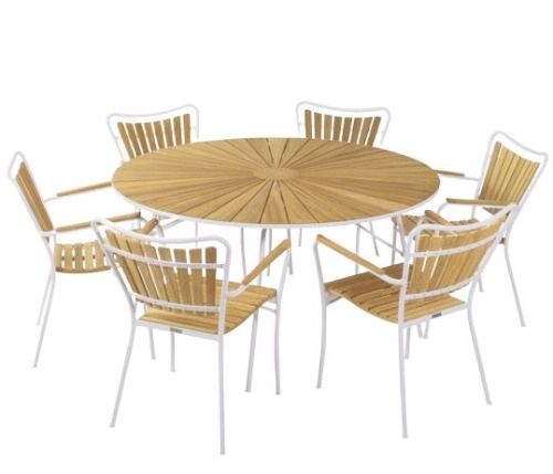 Mandalay Marguerit Havebord Ø140 cm Inkl. 6 Havestole Havemøbelsæt - Teak/Hvid