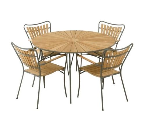 Mandalay Marguerit Havebord Ø120 cm Inkl. 4 Havestole Havemøbelsæt - Olivengrøn/Teak 