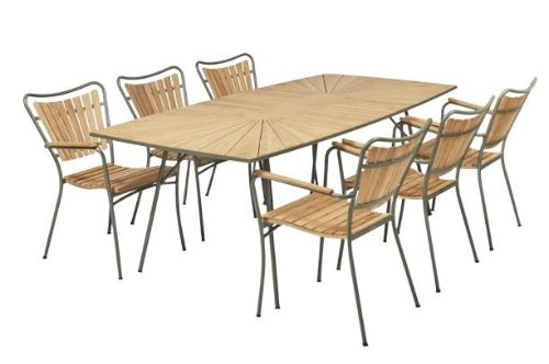 Mandalay Marguerit Bådformet Bord 200x90 cm Inkl. 6 Havestole Havemøbelsæt - Olivengrøn/Teak 
