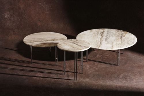 GUBI IOI Couchtisch rund Ø: 70 cm - Chrom/Messing Kugel/Geriffeltes Beige