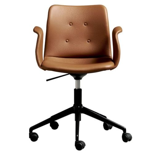 Bent Hansen Primum Armstol Højdejusterbar m. Drejestel+Hjul - Zenzo 223 Cognac Læder/Sort Metalben