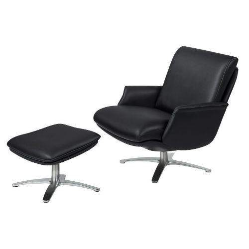 BERG Furniture Nasa Lav Lænestol inkl. Skammel SH: 46 cm - Mat Aluminium/Berg Soft Sort Læder
