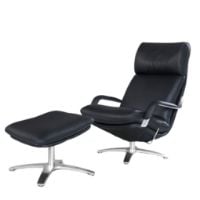 Bild von BERG Furniture Nasa High Open Arm Sessel mit verstellbarem Nackenkissen inkl. Hocker SH: 46 cm – Matt Aluminium/Berg Soft Black Leder