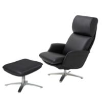 Bild von BERG Furniture Nasa High Sessel mit verstellbarem Nackenkissen inkl. Hocker SH: 46 cm - Matt Aluminium/Berg Soft Black Leder