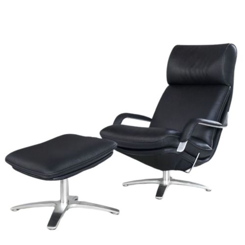 BERG Furniture Nasa Høj Åben Arm Lænestol m. Justerbar Nakkepude inkl. Skammel SH: 46 cm - Mat Aluminium/Berg Soft Sort Læder