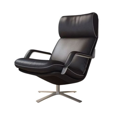 BERG Furniture Nasa Høj Åben Arm Lænestol m. Justerbar Nakkepude SH: 46 cm - Mat Aluminium/Berg Soft Sort Læder