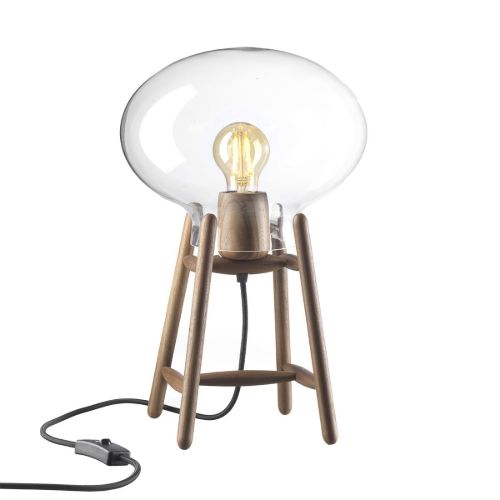FDB Møbler U4 Hiti Tischlampe mit schwarzem Kabel H: 22,8 cm – Lackiertes Walnussholz/Klarglas