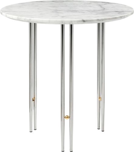 GUBI IOI Coffee Table - Round, Ø50 (Chrome Base / Brass Sphere, White Carrara Marble)