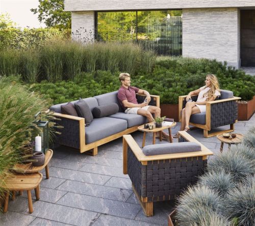 Cane-Line Outdoor-Winkel 3 Pers. Havesofa m. Hynder L: 220 cm – Teak/Grau