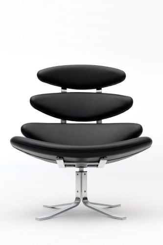 Fredericia Furniture 5000 Corona Lænestol m. Drejestel SH: 42 cm - Omni 301 Black Læder/Børstet Krom