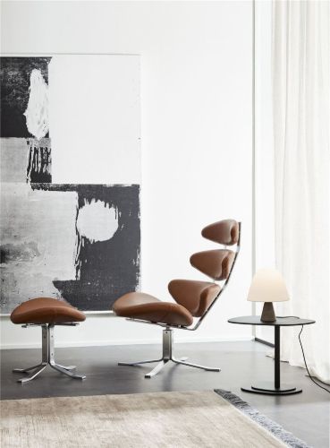 Fredericia Furniture Erik Jørgensen EJ 5-F Corona Hocker H: 47 cm – Schwarzes Omni 301 Leder/Gebürstetes Chrom