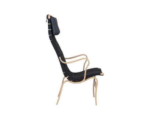 Bruno Mathsson Mi 473 Eva Sessel mit hoher Rückenlehne, Arm- und Nackenkissen, SH: 34 cm – lackierte Buche / schwarzer Leinengürtel