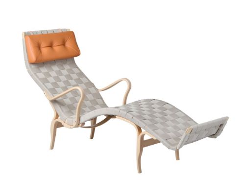 Bruno Mathsson Mi 478 Pernilla 3 Hvilestol m. Arm og Nakkepude SH: 30 cm - Lakeret Bøg / Natur Linnegjord