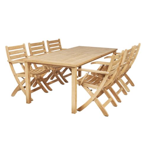 UDSOLGT FOR SÆSON 2026 Mandalay Cambridge L: 200 cm og 6 Dian Foldestole med Armlæn - Teak 