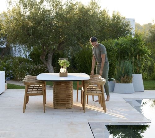 Cane-line Outdoor Mellow Esstisch Oval Groß - Teak/Travertin