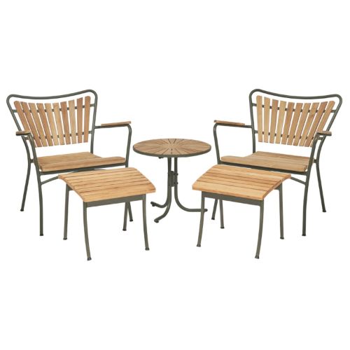 Mandalay Marguerit Loungebord Ø50 cm Inkl. 2 Loungestole og 2 Fodskamler Havemøbelsæt - Olivengrøn/Teak 2025