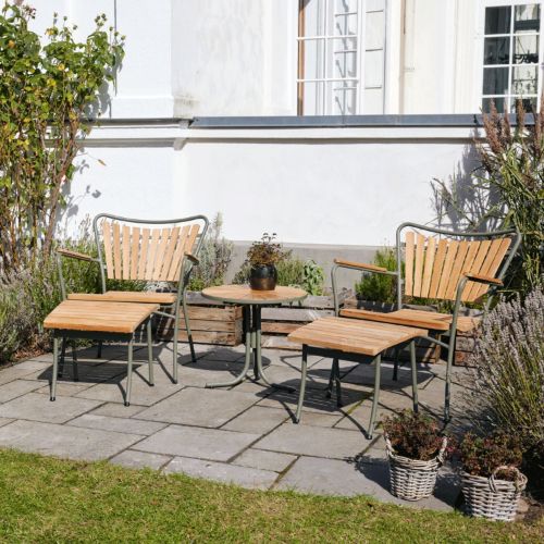 Mandalay Marguerit Loungetisch Ø50 cm Inkl. 2 Liegestühle und 2 Fußhocker Gartenmöbel-Set – Olivgrün/Teak