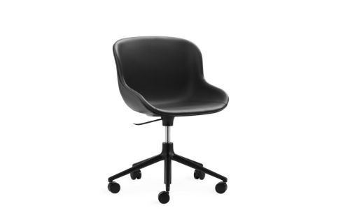 Normann Copenhagen Hyg Drehstuhl mit Höhenverstellung Voll gepolstert SH: 46 cm – Schwarzes Leder/Schwarzes Aluminium