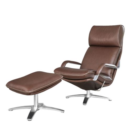 BERG Furniture Nasa Høj Åben Arm Lænestol m. Justerbar Nakkepude inkl. fodskammel SH: 46 cm - Mat Aluminium/Rustical Choko Læder