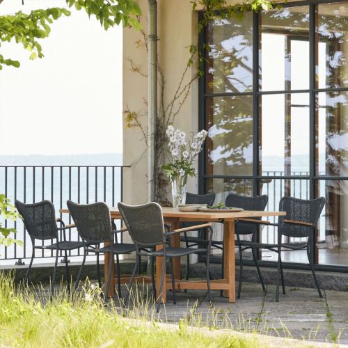 Mandalay Cambridge Klapptisch L: 200 cm und 6 Marguerit String Chairs – Teak