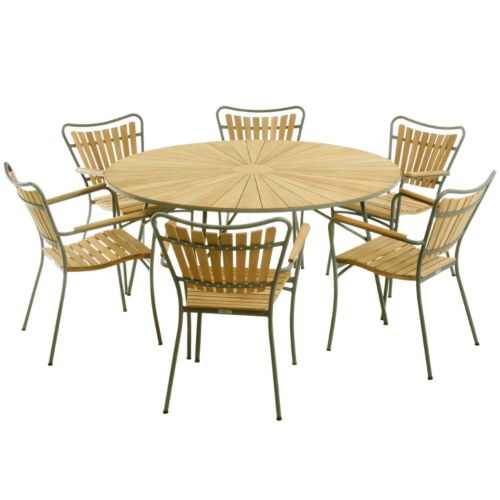 Mandalay Marguerit Havebord Ø140 cm Inkl. 6 Havestole Havemøbelsæt - Teak/Olivengrøn