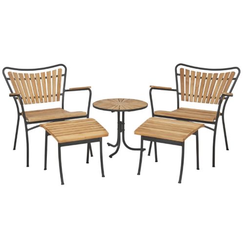 Mandalay Marguerit Loungebord Ø50 cm Inkl. 2 Loungestole og 2 Fodskamler Havemøbelsæt - Antracit/Teak