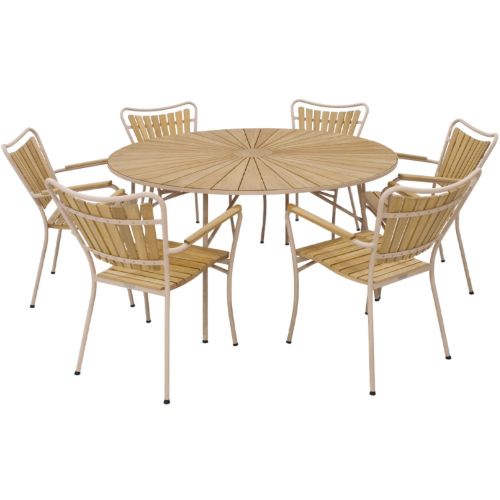 Mandalay Marguerit Havemøbelsæt Havebord Ø: 140 cm Inkl. 6 Stk. Havestole - Teak/Taupe