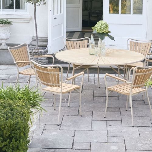 Mandalay Daisy Gartentisch Ø140 cm Inkl. 6 Gartenstühle Gartenmöbelset - Taupe/Teak