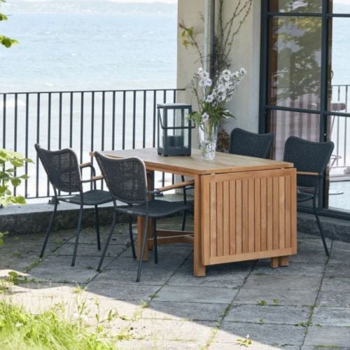 Mandalay Cambridge Klapptisch L: 200 cm und 4 Marguerit String Chairs – Teak