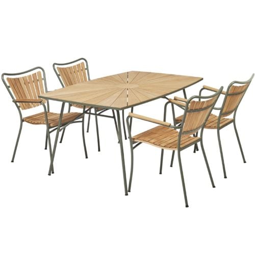 Mandalay Havemøbelsæt Marguerit Bådformet Bord L: 144 cm Inkl. 4 Stk. Havestole - Teak /Olivengrøn
