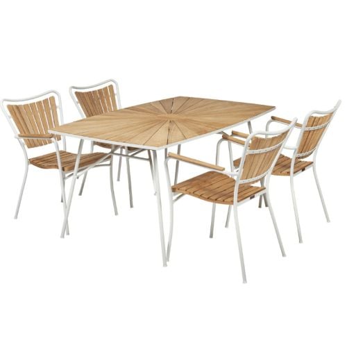 Mandalay Marguerit Havebord L: 144 cm Inkl. 4 Havestole Havemøbelsæt - Hvid/Teak 