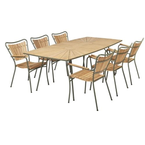 Mandalay Marguerit Havemøbelsæt Bådformet Bord L: 200 cm Inkl. 6 Stk. Havestole - Teak/Olivengrøn