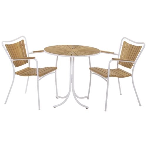 Mandalay Marguerit Havemøbelsæt Cafébord Ø: 70 cm Inkl. 2 Stk. Havestole - Teak/Hvid