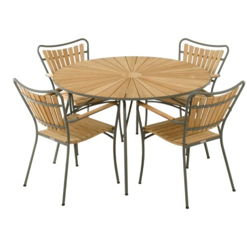 Mandalay Marguerit Havemøbelsæt Havebord Ø: 120 cm Inkl. 4 Stk. Havestole - Teak/Olivengrøn