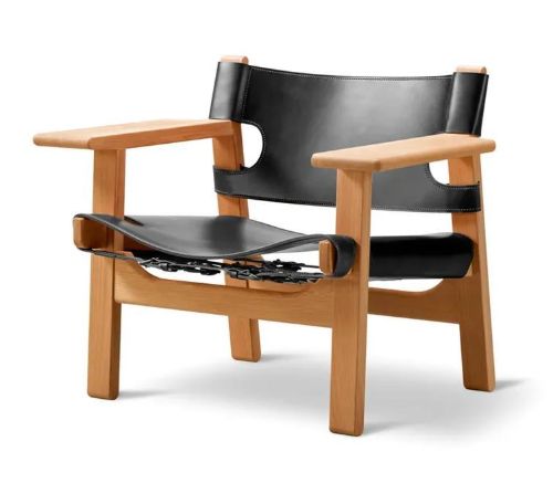 Fredericia Furniture 2226 Der spanische Stuhl von Børge Mogensen SH: 33 cm – Schwarzes Leder/geölte Eiche