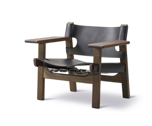 Fredericia Furniture 2226 Der spanische Stuhl von Børge Mogensen SH: 33 cm – Schwarzes Leder/geölte geräucherte Eiche