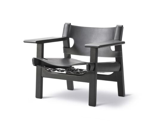 Fredericia Furniture 2226 Der spanische Stuhl von Børge Mogensen SH: 33 cm – Schwarzes Leder/schwarz lackierte Eiche