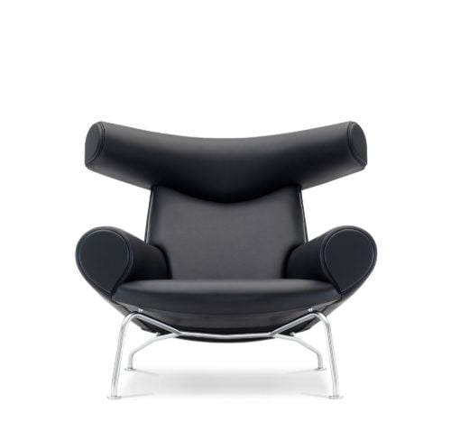 Fredericia Furniture 1000 Wegner Ox Lænestol SH: 36 cm - Sort Primo 88 Læder / Børstet Krom