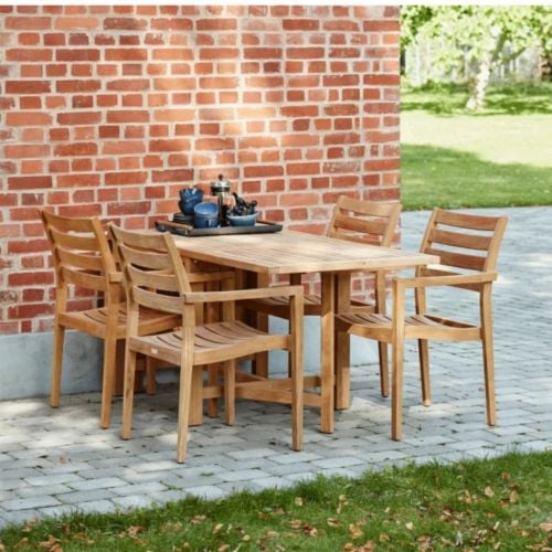 Mandalay Cambridge Klapptisch L: 200 cm und 4 Dian Stühle M. Armlehnen – Teak