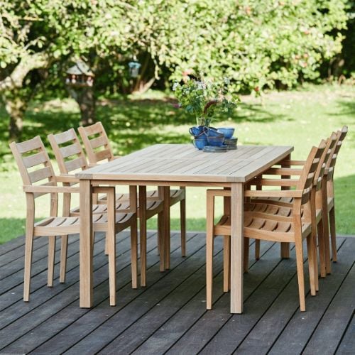 Mandalay Cambridge L: 200 cm und 6 Dian Klappstühle mit Armlehnen – Teak
