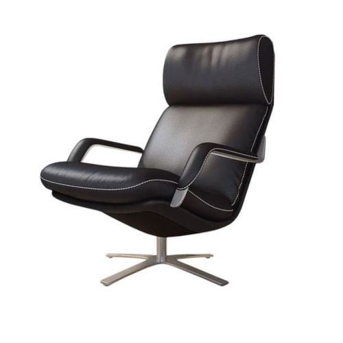 BERG Furniture Nasa Høj Åben Arm Lænestol m. Justerbar Nakkepude SH: 46 cm - Mat Aluminium/Berg Soft Sort Læder