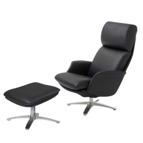 BERG Furniture Nasa Høj Lænestol m. Justerbar Nakkepude inkl. Skammel SH: 46 cm - Mat Aluminium/Berg Soft Sort Læder
