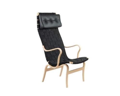 Bruno Mathsson Mi 473 Eva Lænestol Høj Ryg m. Arm og Nakkepude SH: 34 cm - Lakeret Bøg / Sort Linnegjord