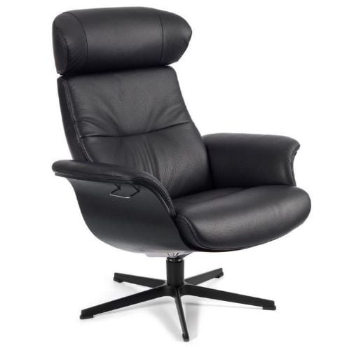 Conform Timeout Sessel inkl. Fußhocker SH: 42 cm – Schwarzes Fantasy-Leder mit schwarz gebeizter Eiche/schwarzem Aluminium